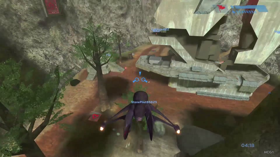 A purple Banshee in front of angular Forerunner architecture, trees and canyon rock.