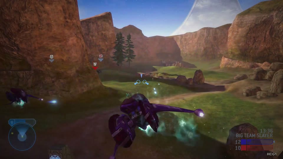 Two Banshees, turquoise engine trails, canyon walls and the Halo ring in the sky.
