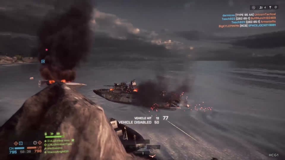 Damaged patrol boat shedding sparks and smoke beside another burning vessel on storm-dark water.