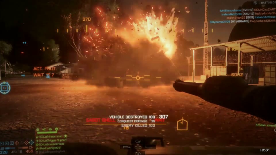 Large orange explosion and debris above an armored vehicle; visible vehicle-destroyed credit. Strong lead image.