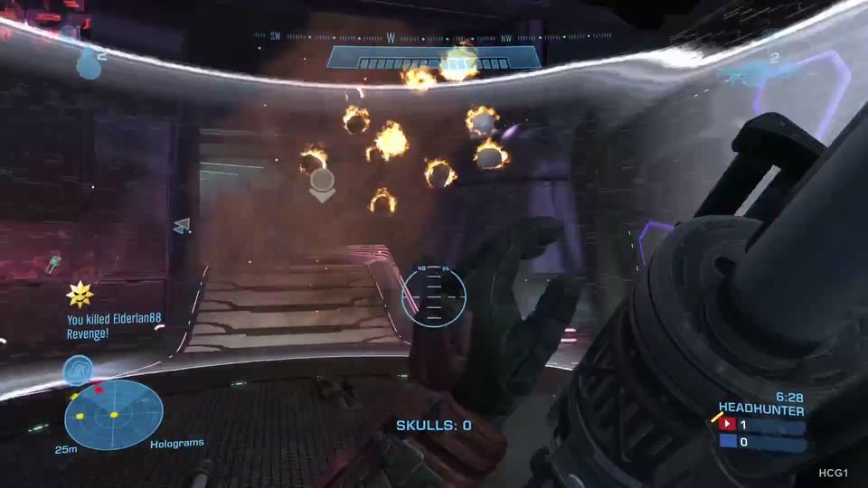 Flaming Headhunter skulls hang in the air beyond a translucent shield, with rocket launcher in foreground.
